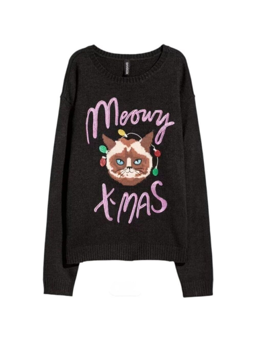 H&M Novelty Embroidered "Meowy X-Mas" Black Knit Sweater womens sz Medium
